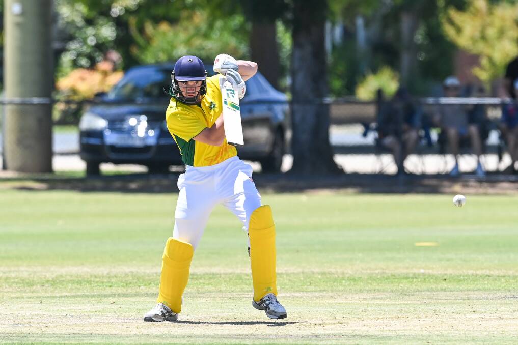 FOCUSED: North East Knights' Lachie Phillips is all concentration as he punches through the off-side against the Emus at under 16 level. Phillips struck an unbeaten 13 from 17 deliveries. Picture: MARK JESSER