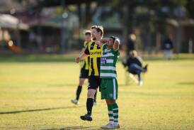 Albury United's Sajan Majhi is disappointed after missing an opportunity against Cobram Roar on Sunday. Picture by James Wiltshire