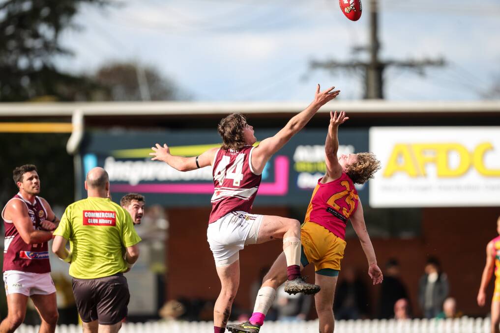 Wodonga's Zac Nugent (44) debuted against North Albury on June 17, but he faces a tough test against the Pies' double-barrelled ruck combination. Picture by James Wiltshire 