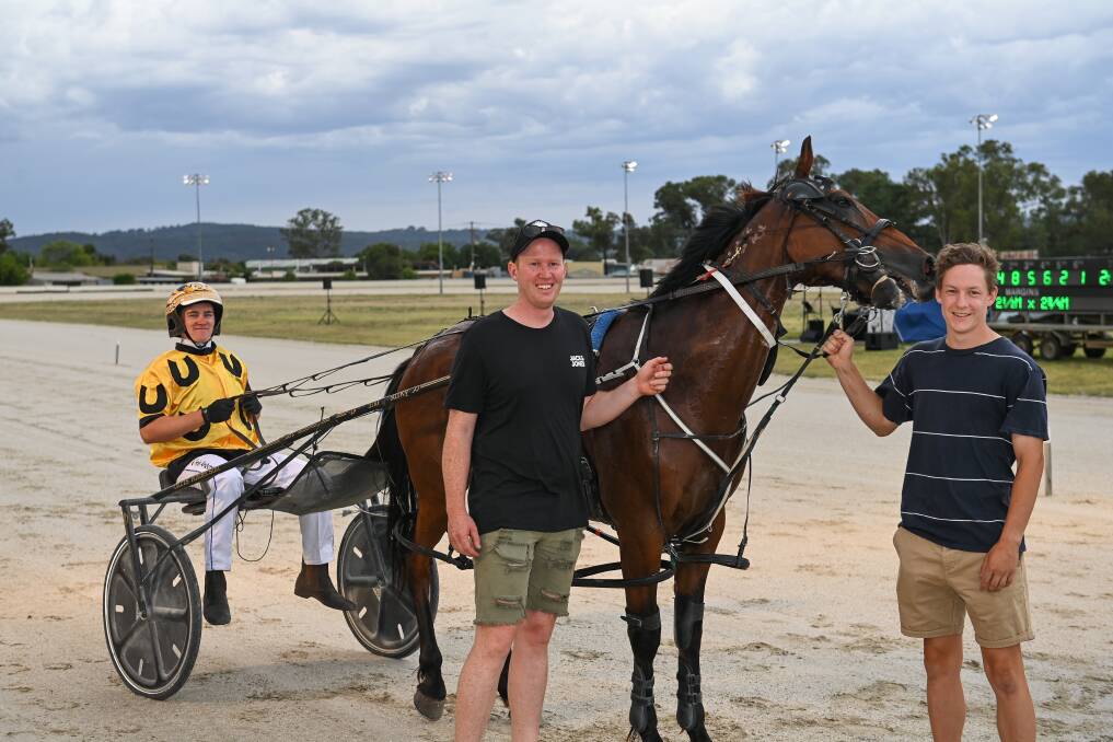 YOU BEAUTY: Co-owners Chris Anderson (left), Murray Price and Mitch Hemming are great mates with the latter two part of their first horse with the driver.