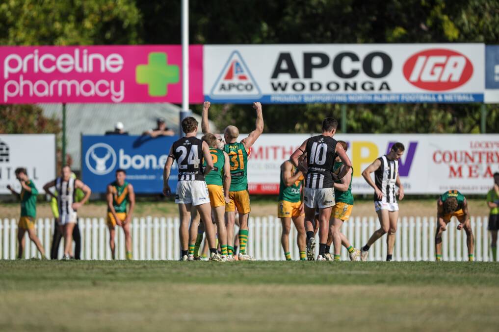 North Albury celebrates its stunning win over Wangaratta on Saturday. Picture by James Wiltshire