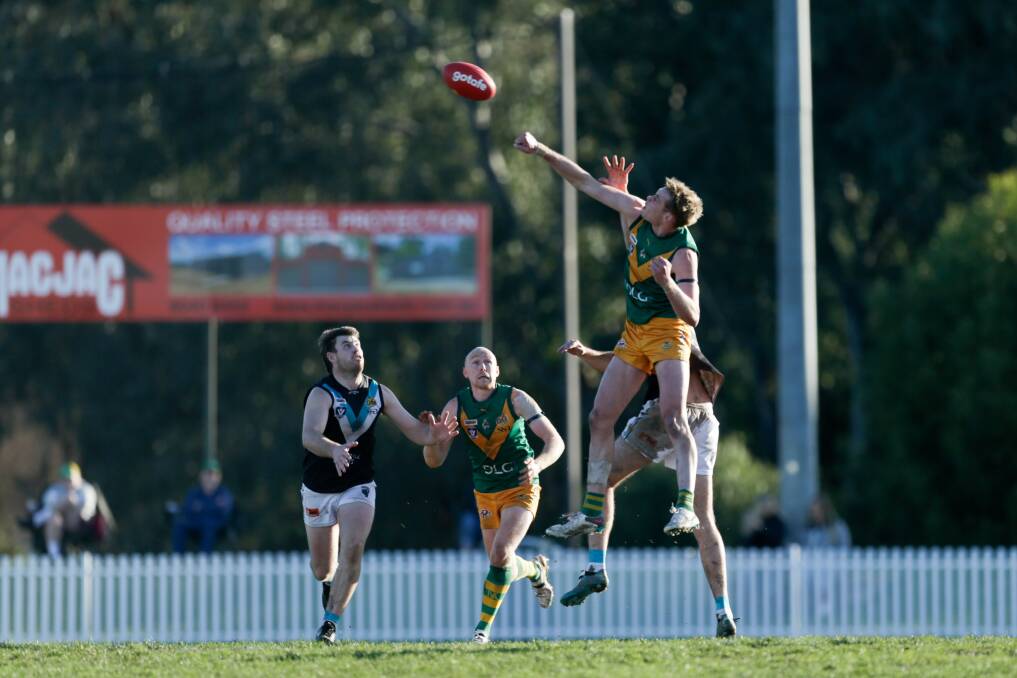 North Albury's Josh Minogue played primarily as a forward against Lavington, but also had 11 hitouts in the five-point win. Picture by Tara Trewhella 