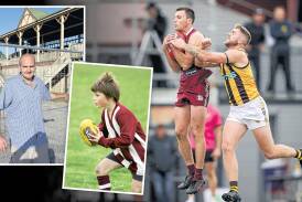 David Greenhill (left) and Ollie Greenhill (right, marking the ball) will become the first father-son combination to play 100 games apiece for Wodonga, with Ollie starting at Wodonga Auskick.