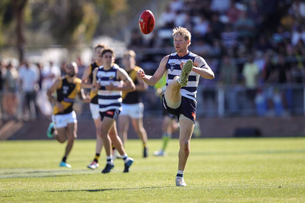 Yarrawonga's Leigh Williams sends his team on the attack in the grand final win over Albury. Picture by James Wiltshire