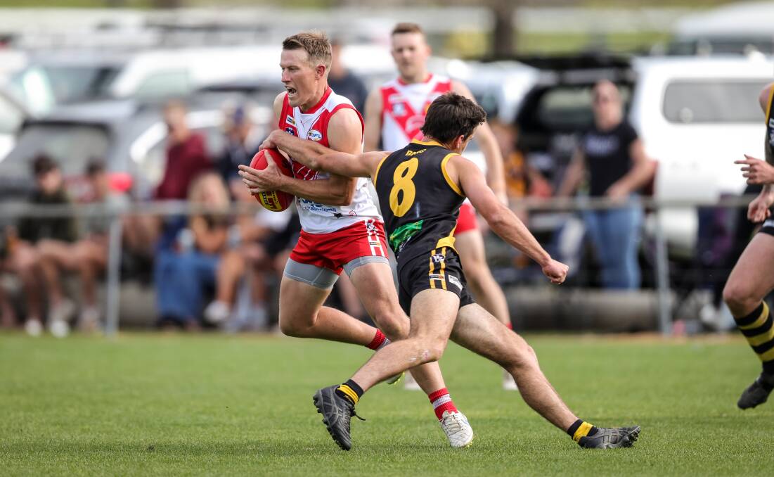 Chiltern coach Brad Hibberson in action during last weekend's elimination final against Barnawartha. Picture by James Wiltshire