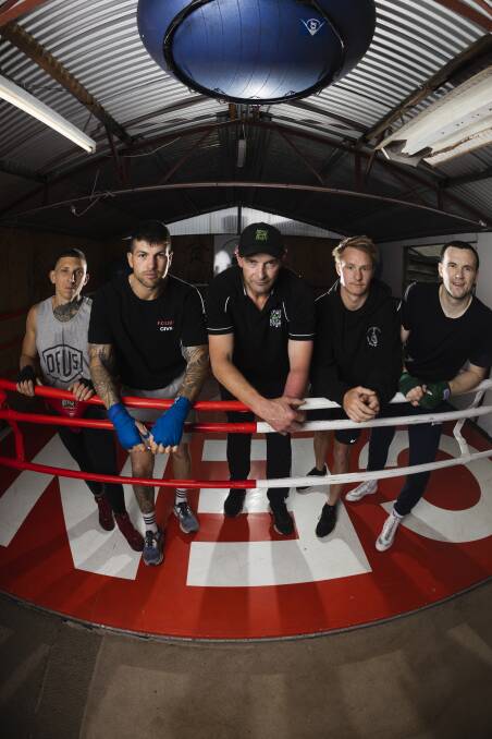  Michael Gambold, Jake Rouse, trainer Simon Dale, Nick Satori and Frazer Dale get ready to rumble on the weekend at the Victorian amateur boxing league's Victorian state team selection and titles. Picture: ASH SMITH