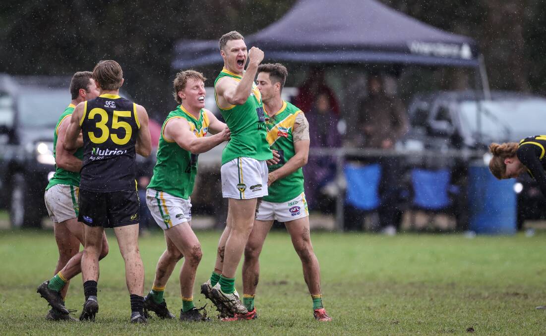 Gestier celebrates a goal during last year's upset win over Osborne in the grand final.
