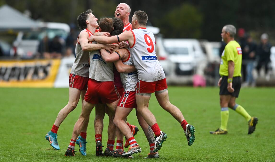 Swans players celebrate after the final siren.