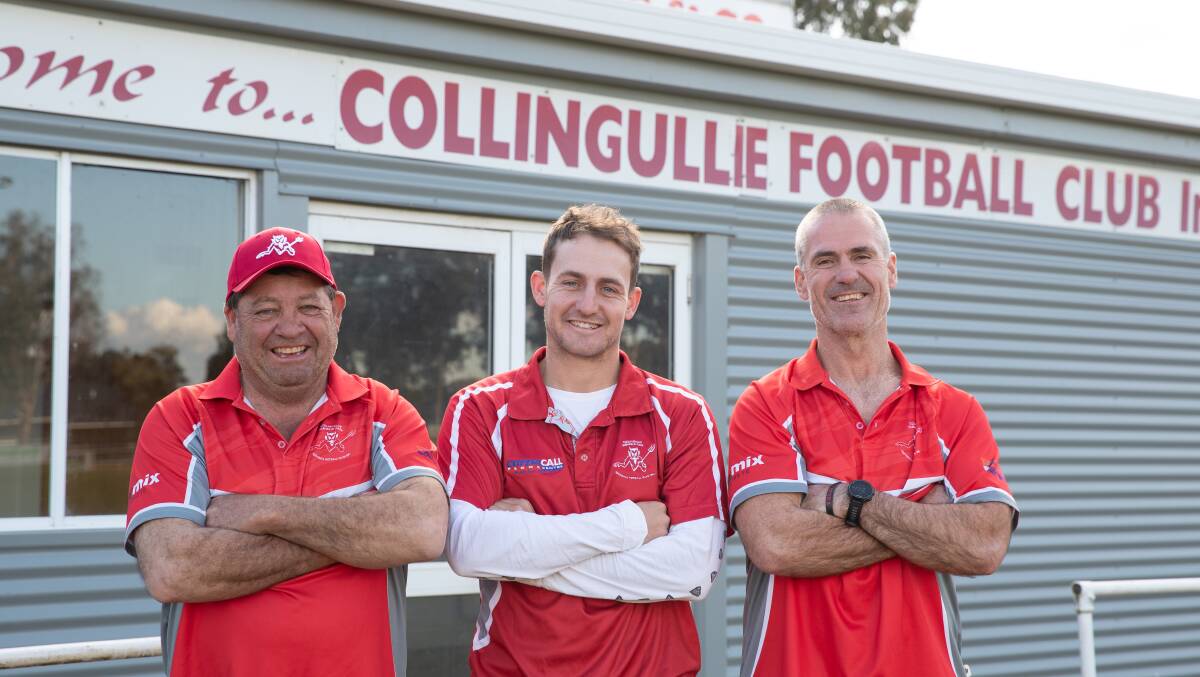 Collingullie-Glenfield Park president Noel Penfold (left) with new coaching partnership for 2024, Nick Perryman and Shane Lenon, at Crossroads Oval on Tuesday. Picture by Madeline Begley