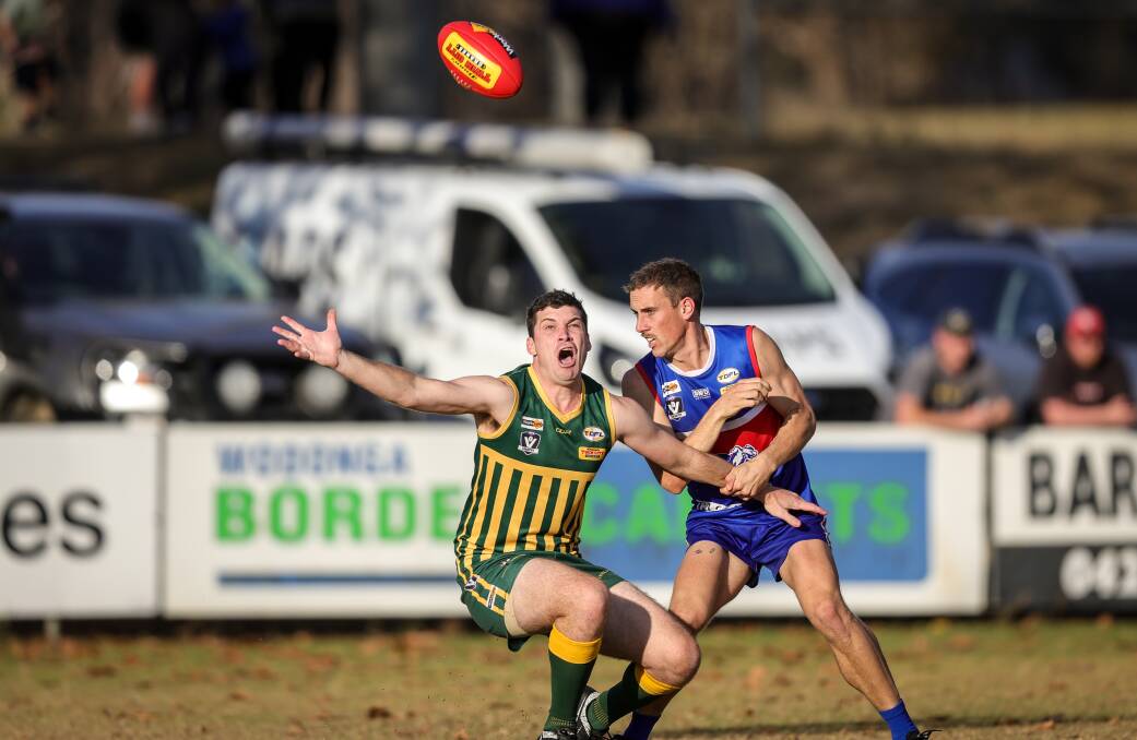 Tallangatta spearhead James Breen appeals for a free kick during the Hoppers' round 8 clash against Thurgoona. Picture by James Wiltshire