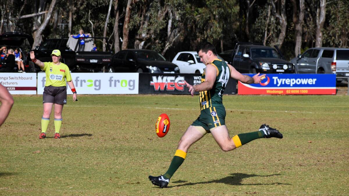 Tallangatta spearhead James Breen in action for the Hoppers against Thurgoona recently. Picture by Tallangatta Football-Netball Club 