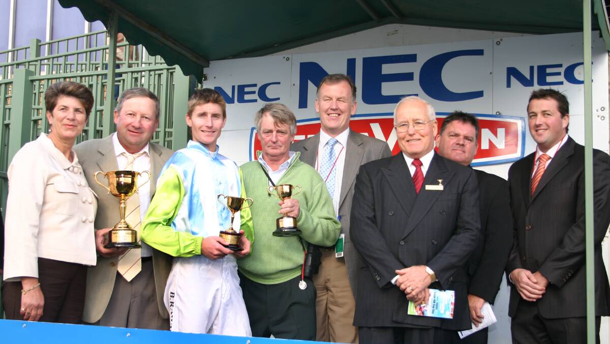 Duryea with jockey Brad Rawiller after winning the Swan Hill Cup with Regal Hawk in 2007. Regal Hawk was just one of the talented gallopers prepared by Duryea.