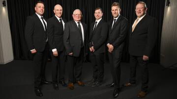 Hall of Fame inductees Matt Pendergast, Mick Wilson, Graeme Nish, Craig Ednie, Chris Hyde and Terry Nolan representing his brother Mick Nolan (dec). Picture by Mark Jesser