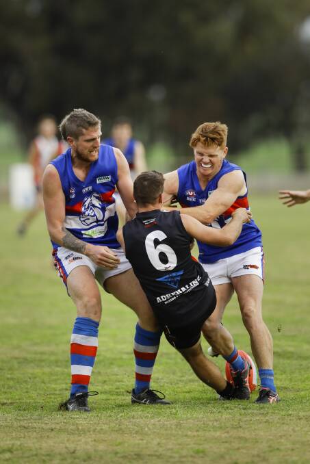 Big Bulldog Ben Dower (left) played his first match of the season in the reserves against Culcairn last weekend.