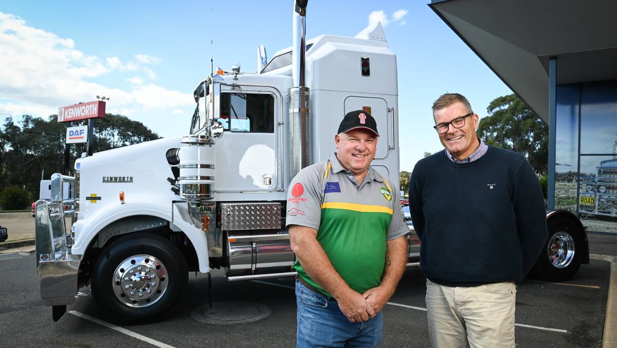 Holbrook president Anthony Churchill with Justin Brooks from Twin City Truck Centre with the Kenworth truck up for grabs. Picture by Mark Jesser