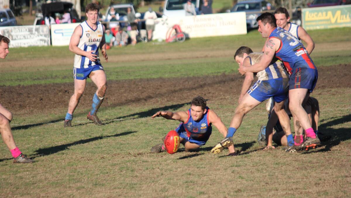Beechworth skipper Cam Fendyk pounces on the loose ball. Picture by Hannah Fitzgerald
