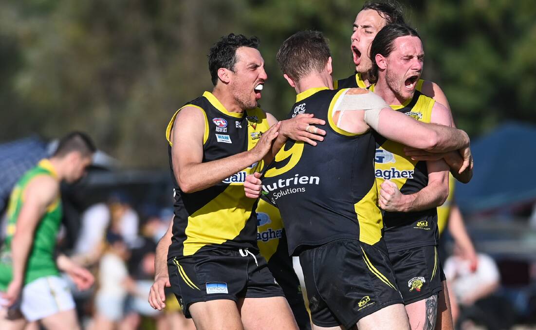 Tiger ace Connor Galvin celebrates a goal with teammates during last year's grand final. Picture by Mark Jesser