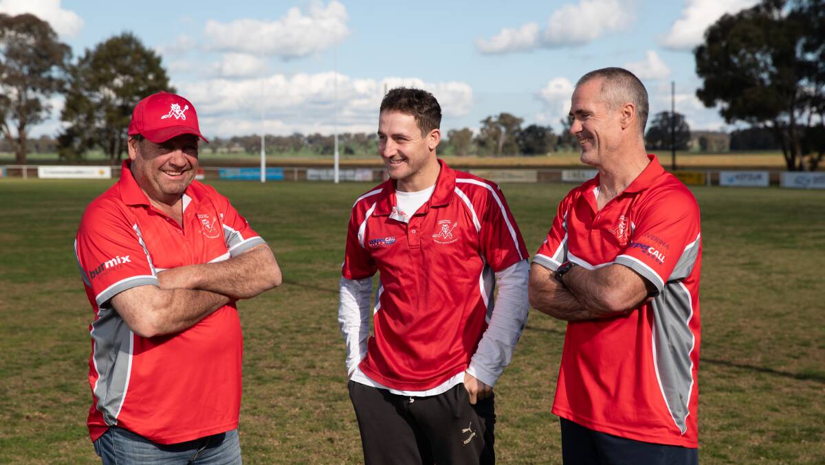 Collingullie-Glenfield Park president Noel Penfold with new coaching partnership for 2024, Nick Perryman and Shane Lenon at Crossroads Oval. Picture by Madeline Begley