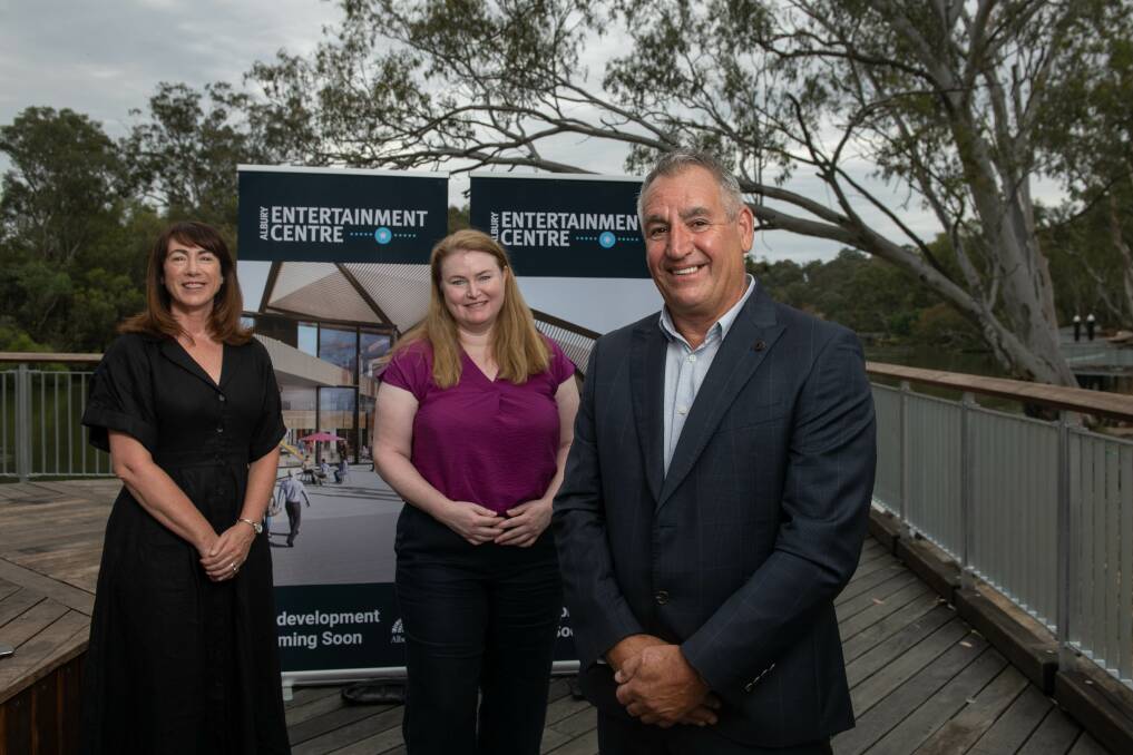 Albury mayor Kylie King, Regional NSW Minister Tara Moriarty and Albury Entertainment Centre venue manager Brendan Maher are excited to see upgrades to the centre's convention wing come to fruition. Picture by Tara Trewhella