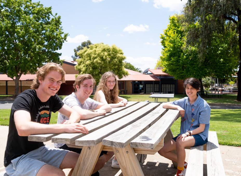 FAB FOUR: Catholic College Wodonga students Max Gobel, Harry Gibson, Charlotte Halligan and dux Sachi Kerr celebrate their ATAR results. Picture: CCW