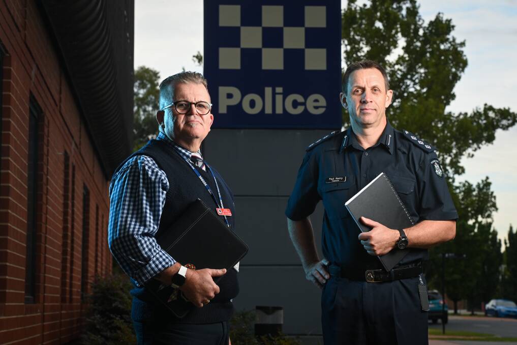 Murray River Police District Detective Chief Inspector Mick Stoltenberg and Wodonga area commander Inspector Paul Henry have been sharing information to address a spate of home and car thefts in the region. Picture by Mark Jesser