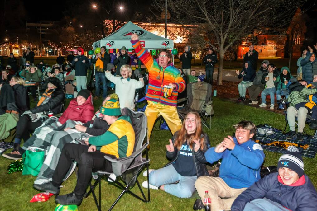 Albury deputy mayor Steve Bowen led the celebrations at QEII Square as Sam Kerr drew the Matildas level, but it was England that would ultimately progress to the Women's World Cup final. Picture by James Wiltshire