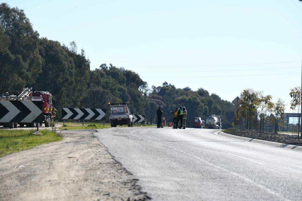 Emergency services on scene after a waste spill on the Bandiana Link Road on Monday, July 24. Picture by Tara Trewhella