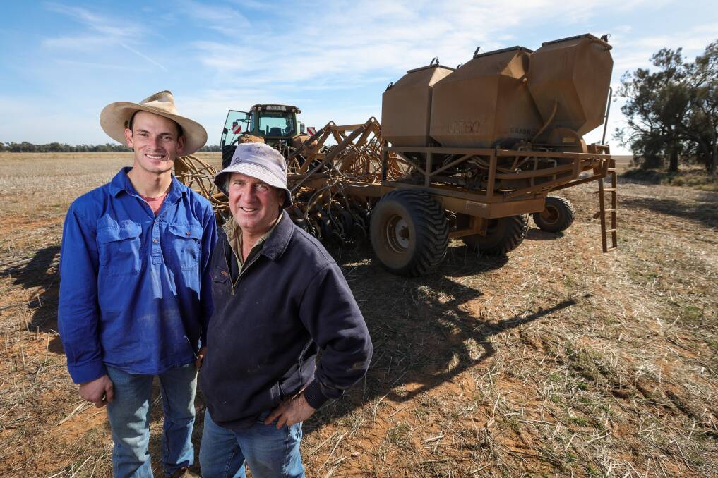 Tom and Rick Clancy remain hopeful of some timely rain before winter to help with crop growth on their Urangeline East farm. Picture by James Wiltshire