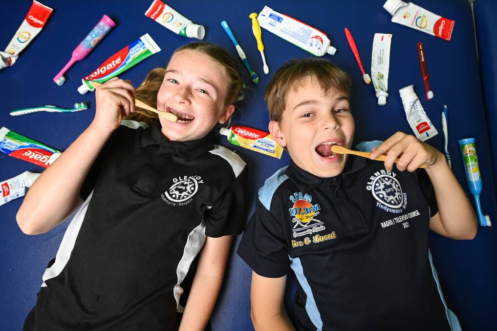 Glenroy Public School captains Mila Brown, 12, and Jayden King, 11, are among the year 5 and 6 students involved with the Colgate TerraCycle oral care recycling program at the school, in partnership with the Carevan team. Picture by Mark Jesser
