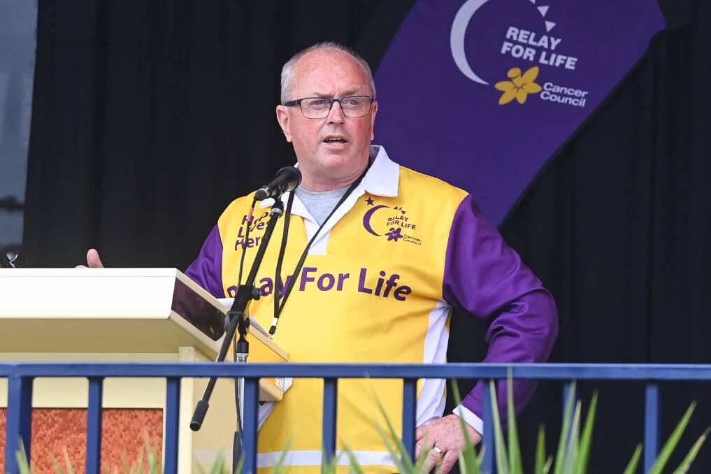 Peter Whitmarsh opening the 2022 Border Relay for Life at Wodonga's Birallee Park. The chairman of the annual Council Cancer event is stepping down after six years. 
