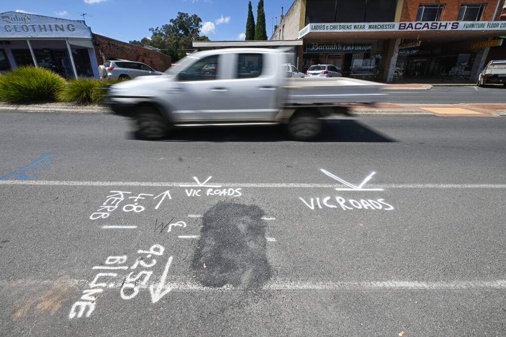 Markings showing plans for angled parking bays on Corryong's Hanson Street, which will now be adjusted after Towong Council voted to start a redesign. Picture by Mark Jesser