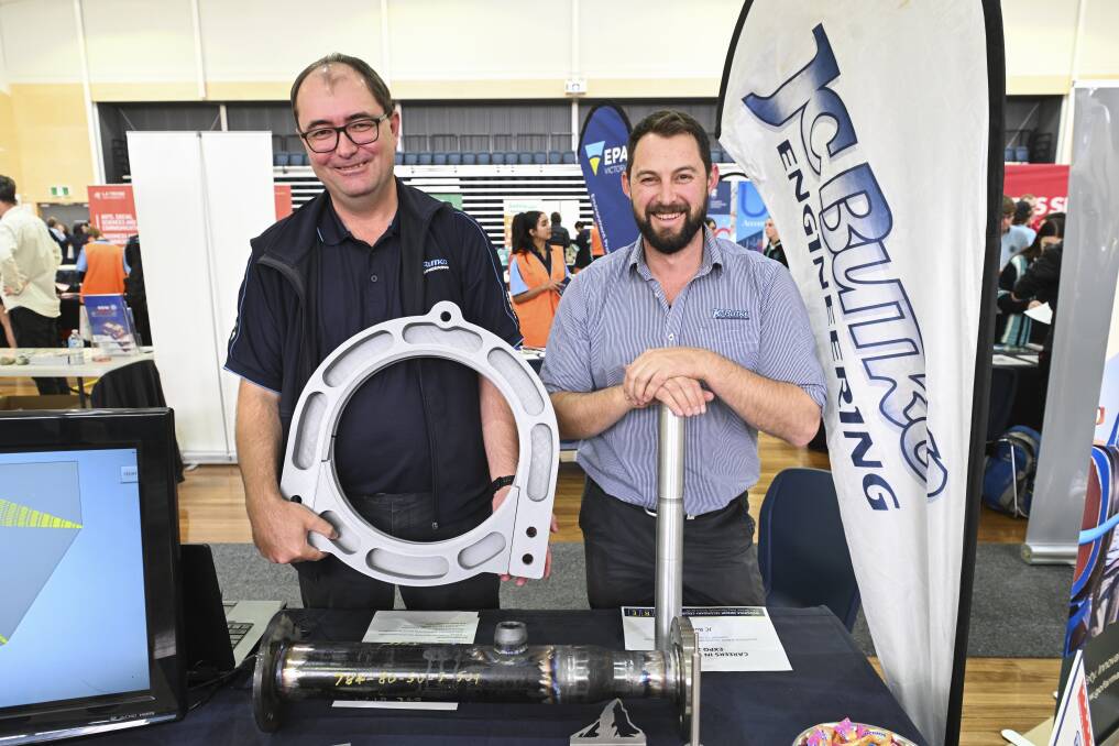 JC Butko Engineering mechanical designer Matthew Wiencke and OHS manager Jarad Bedford enjoyed the opportunity to speak to students at Wodonga Senior Secondary College's careers expo. Picture by Mark Jesser