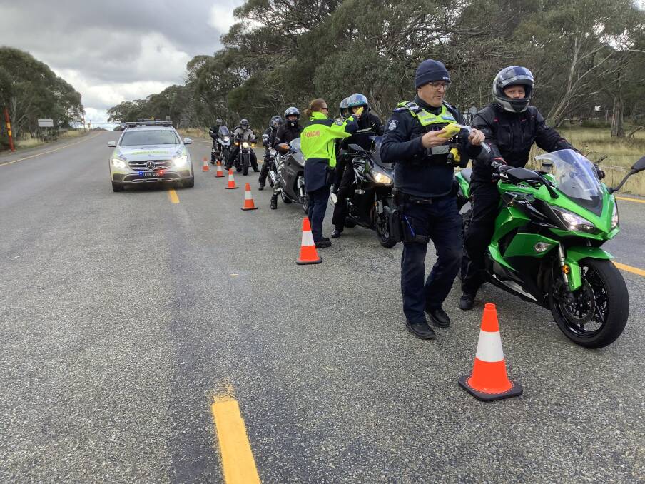 Police breath testing motorbike riders in the North East during the four-day Operation Nexus across the Easter long weekend. More than 230 infringements occurred in Wodonga and Wangaratta. Picture by Victoria Police
