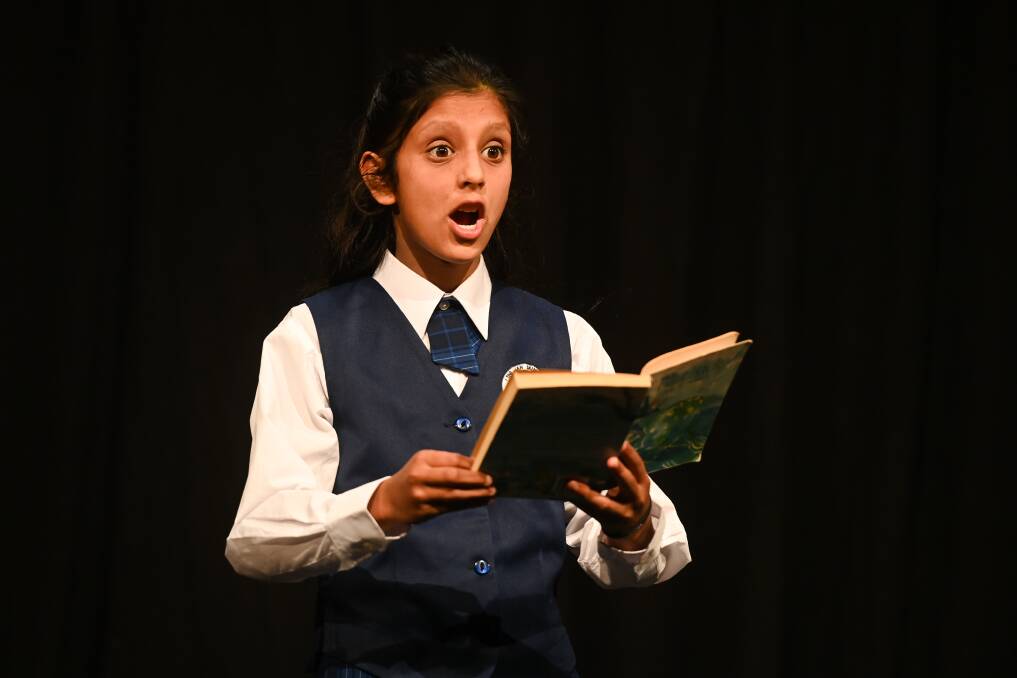 Meera Shah in the 12 years and under impromptu reading at the 2023 Albury Wodonga Eisteddfod held at Albury Entertainment Centre. There has been some slight modifications to the 2024 schedule due to repairs taking place at the centre's banquet hall. Picture by Mark Jesser
