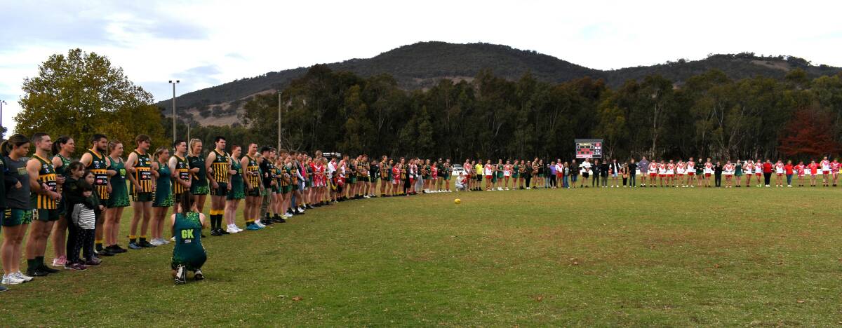 Tallangatta and Chiltern footballers and netballers joined as one in a stand against violence before the Tallangatta and District league clash on Saturday, May 4. Picture by Jason Brock