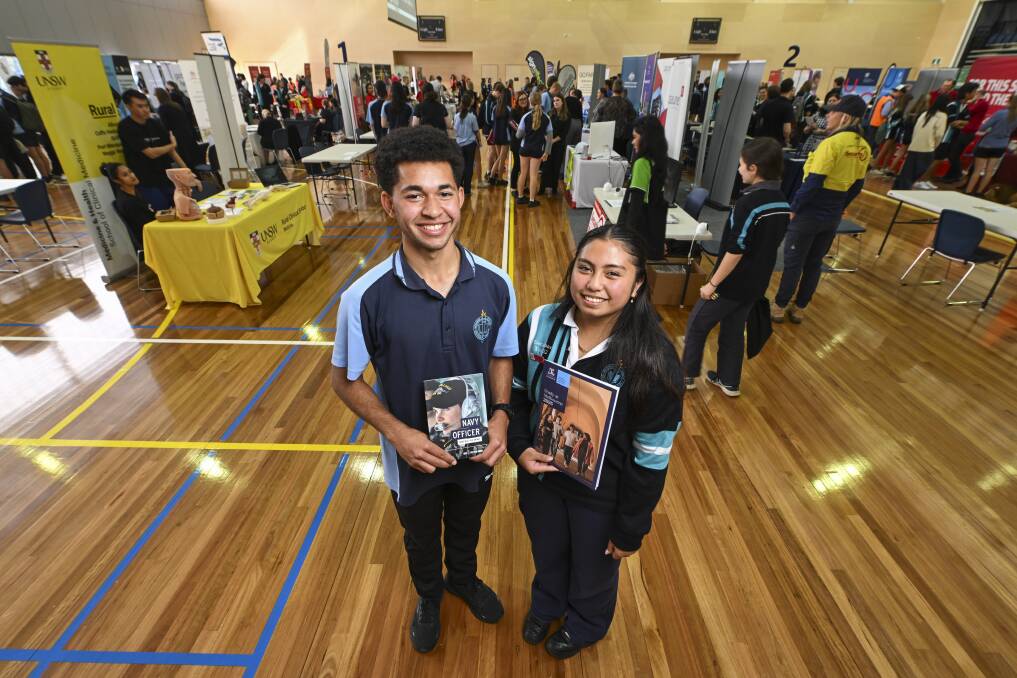 Wodonga Senior Secondary College year 12 students Christopher Bayliss, 18, and Mione Palima, 17, took the opportunity to explore their future job options at the school's third annual Careers in Industry expo on Thursday, May 16. Picture by Mark Jesser 