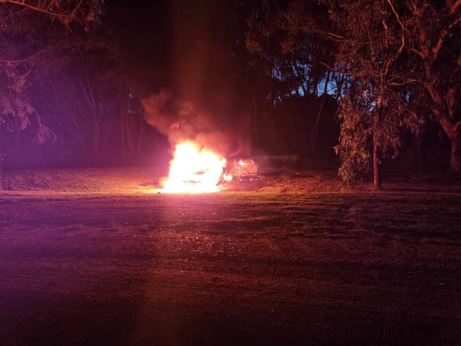 Two cars were seen well alight on Waterview Road at Splitters Creek on Thursday morning, January 18. Picture by Splitters Creek Rural Fire Brigade