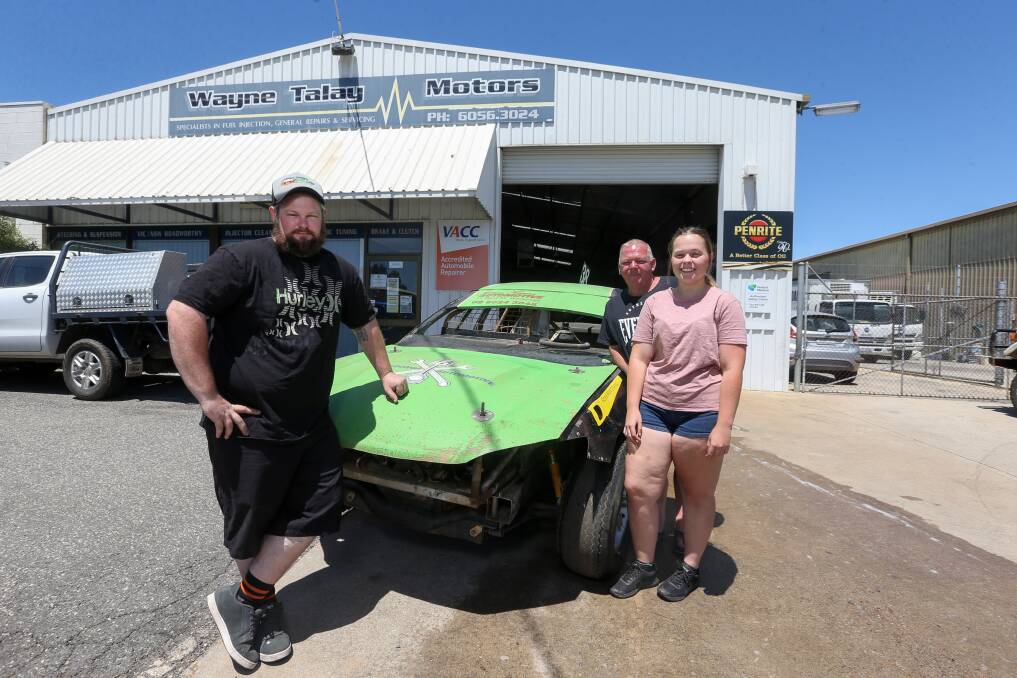 BRING IT ON: Mount Beauty Speedway president Marcus Griffiths, vice-president Bruce Prichard and Ruby Prichard are all set for the club's annual New Year's Day race meeting. Picture: TARA TREWHELLA