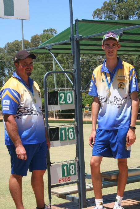 DYNAMIC DUO: Wangaratta bowlers Adrian Pantling and Ethan Fruend celebrate victory in the O and M state pairs.