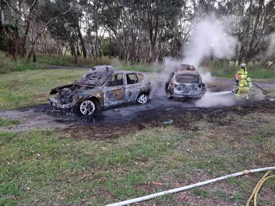 NSW Rural Fire Service brigades from Splitters Creek and Thurgoona extinguishing two car fires on Waterview Road at Splitters Creek on Thursday, January 18. Picture by Splitters Creek Rural Fire Brigade