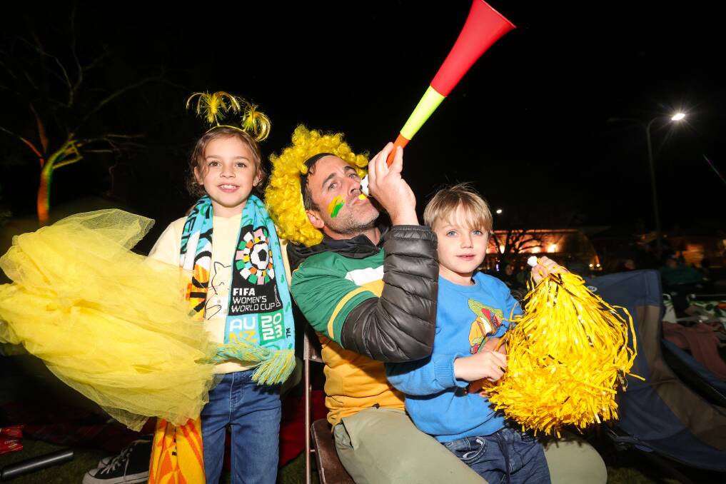 Albury's Frank Calabria with his children Billie, 8, and Luca, 6, looked the part at the World Cup live site at QEII Square on Wednesday, August 16. Picture by James Wiltshire