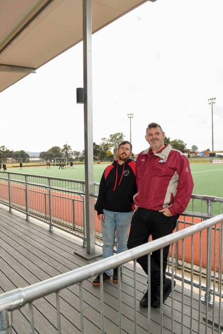 Border BMX president Bill Clear and Wodonga Hockey Club president Kyle Brereton are thrilled to have new facilities that will benefit both groups. Northern Victoria MP Jaclyn Symes opened them on Friday, June 2. Picture by Tara Trewhella