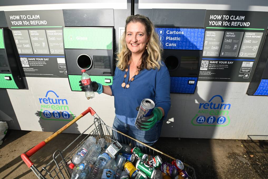 Bandiana Primary School teacher Gabby Potter has been returning containers in Albury as part of an Albury Wodonga Regional Cancer Centre fundraiser, but is excited the machines will soon be in Victoria. Picture by Mark Jesser