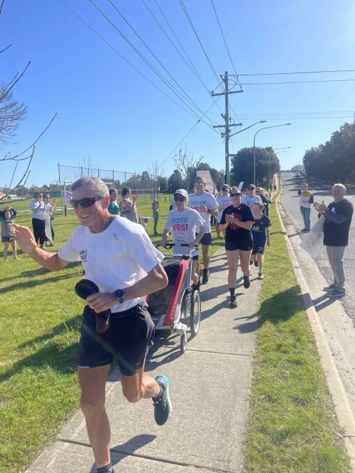 Ultra-marathon runner and former Liberal MP Pat Farmer arrives at Alexandra Park in East Albury as part of his more than 14,000-kilometre Run For The Voice on Sunday, September 3. Picture supplied