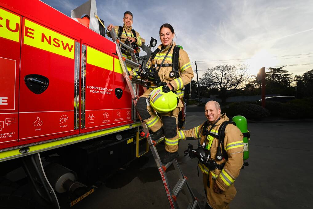 Anton Terblanche, Bronwyn Daniel and Michael Brigden are among five on-call firefighters from the NSW Fire and Rescue Albury North brigade competing in the 10th annual Melbourne Firefighter Stair Climb on September 2. Picture by Mark Jesser