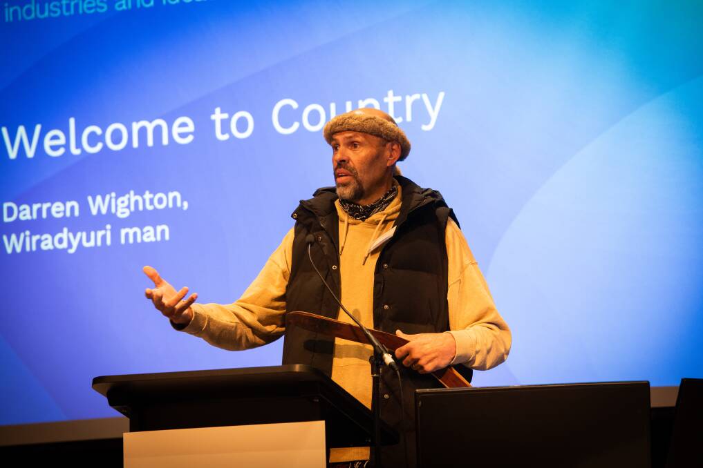 Wiradjuri man Darren Wighton performs a welcome to country at the 2024 River Reflections conference on Wednesday, June 19. Picture supplied