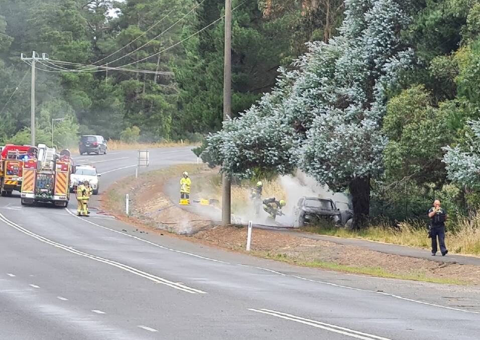 The burning Nissan Qashqai in Ballarat on Tuesday. Picture by The Courier
