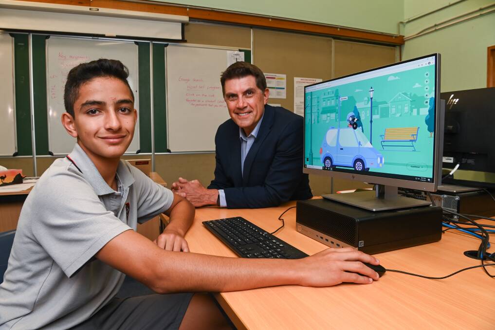 RIGHT DIRECTION: Albury High year 9 student Yousef Elhage, 14, tried out the RoadSet resource developed by the Australian Road Safety Foundation, headed by founder Russell White. Picture: MARK JESSER
