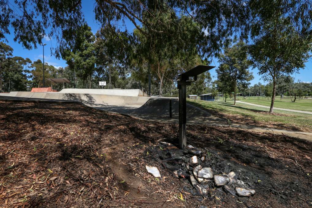The remnants of a bin burnt near the Wodonga skate park in the first week of December. Picture: JAMES WILTSHIRE