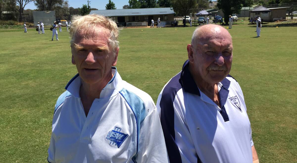GOING STRONG: Inaugural NSW over-60s captain Bruce McNaught and Ron Luckman, who suffered a heart attack during the second ever match between Victoria and NSW. Picture: CHRIS YOUNG